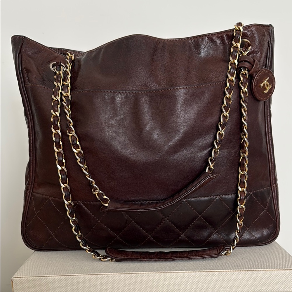 CHANEL Quilted Calf Skin Brown Medium Shopper Tote, Vintage.